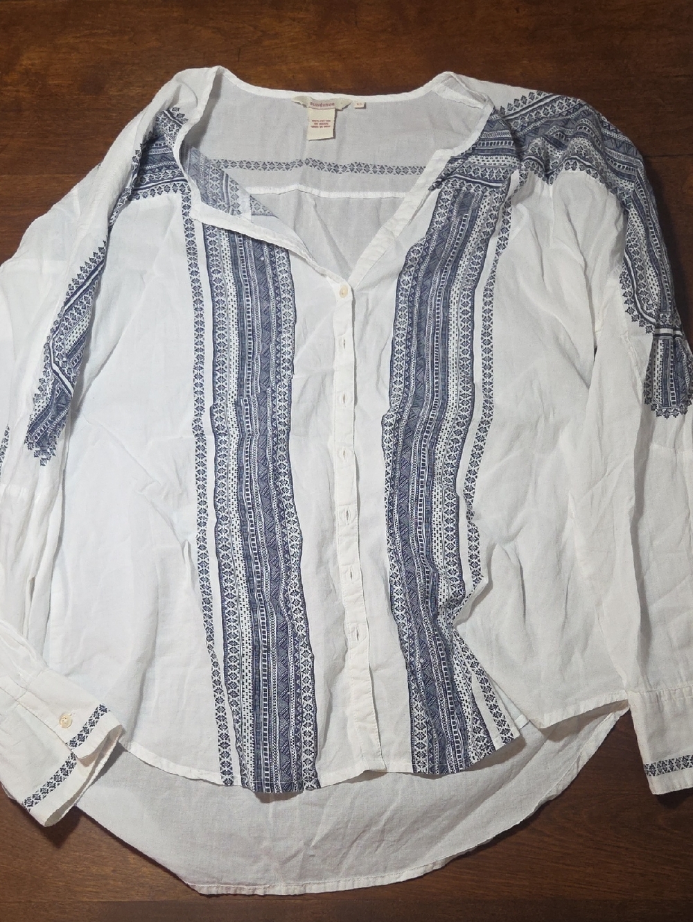 Sundance Lightweight Cotton Button Front Blouse-White Navy Blue Pattern Size 12